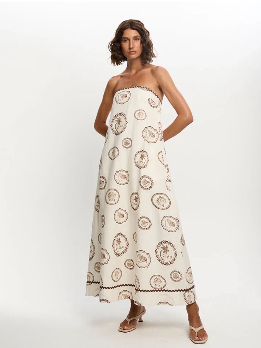Kivari Cream Strapless Maxi Dress with Brown Medallion Print